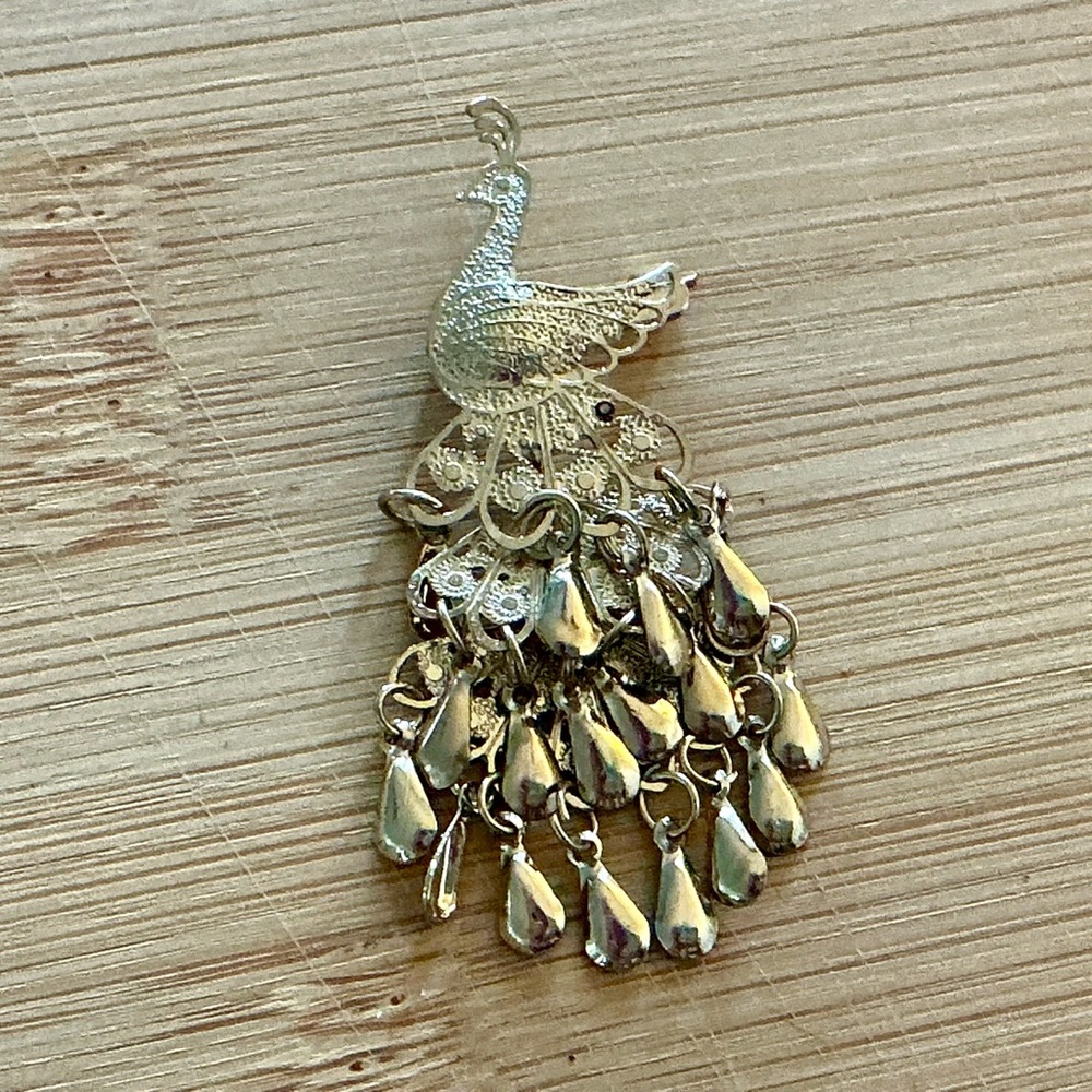 Vintage Silver Peacock Filigree Brooch Articulated Dangle Pin Pendant